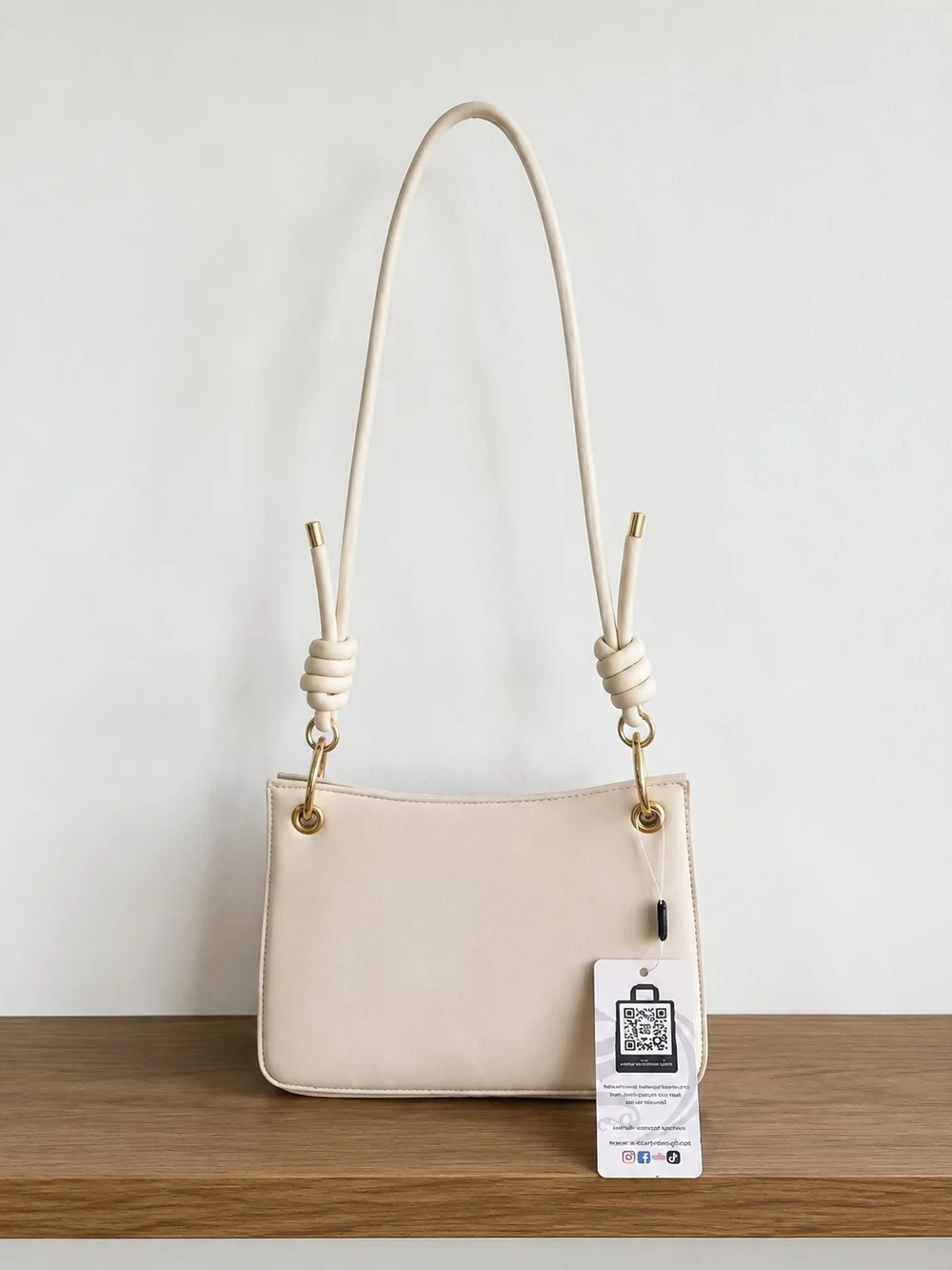 Off White Shoulder Bag with Gold-Tone Hardware & Detachable Crossbody Strap